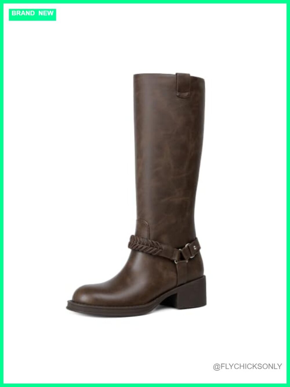 Knee High Boots Chunky Block Heel Faux Leather Braided Slip-On